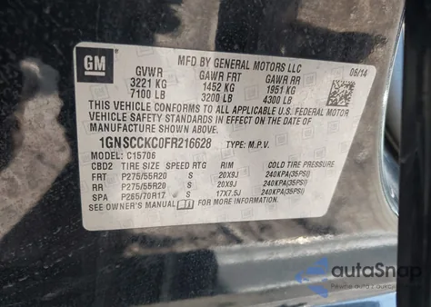 2015 Chevrolet Tahoe Ltz from USA, damaged, VIN 1GNSCCKC0FR216628